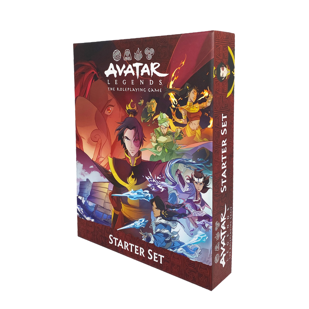 Avatar Legends: Starter Set Box. The cover includes Fire Lord Zuko and four of the pregenerated characters for Aang Era. From top to bottom they are: Xi, the Adamant; He Xing, the Icon; Kahola, the Successor; and Honu. the Guardian.